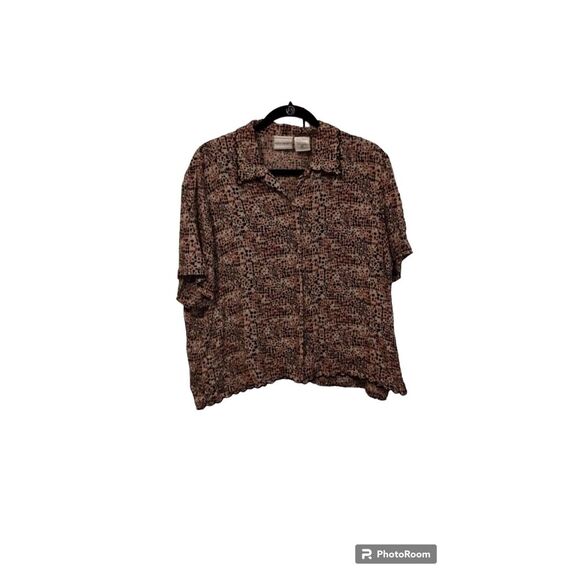 Napa Valley 100% Rayon brown spot print cookie cut hem button down - Picture 1 of 6